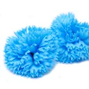 Handcrafted sky blue soap flowers shaped like carnations, arranged on white background, showcasing delicate floral design