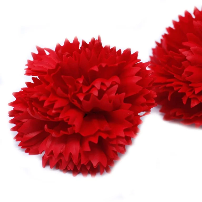 Delicate arrangement of red soap carnations – craft soap flowers.