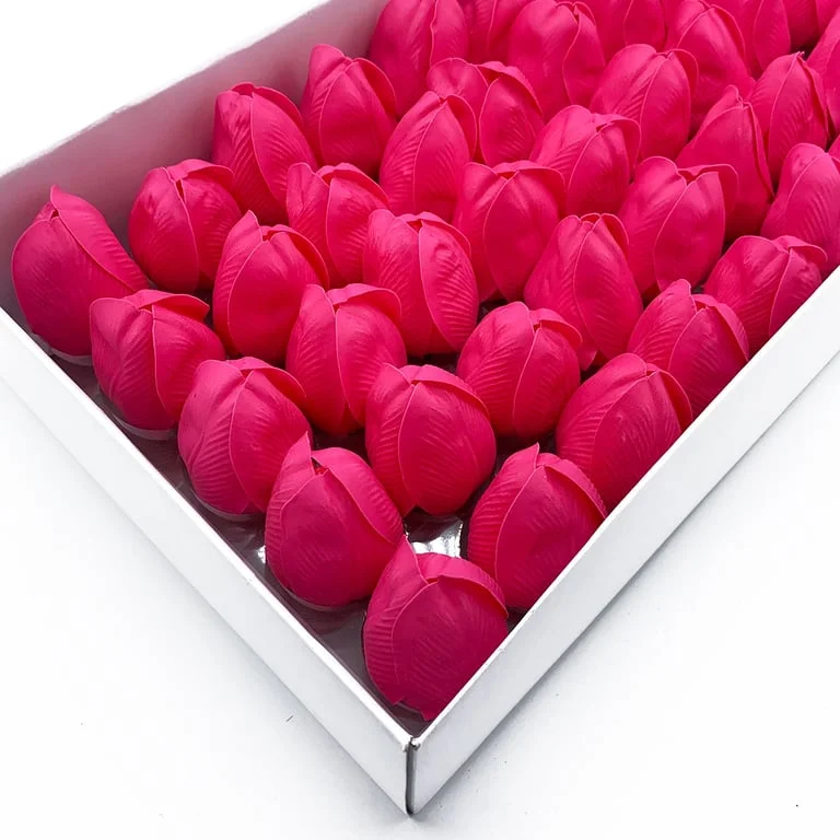 Medium-sized tulip soap flower in rose, showing petal layers and a stem, crafted soap flower rose
