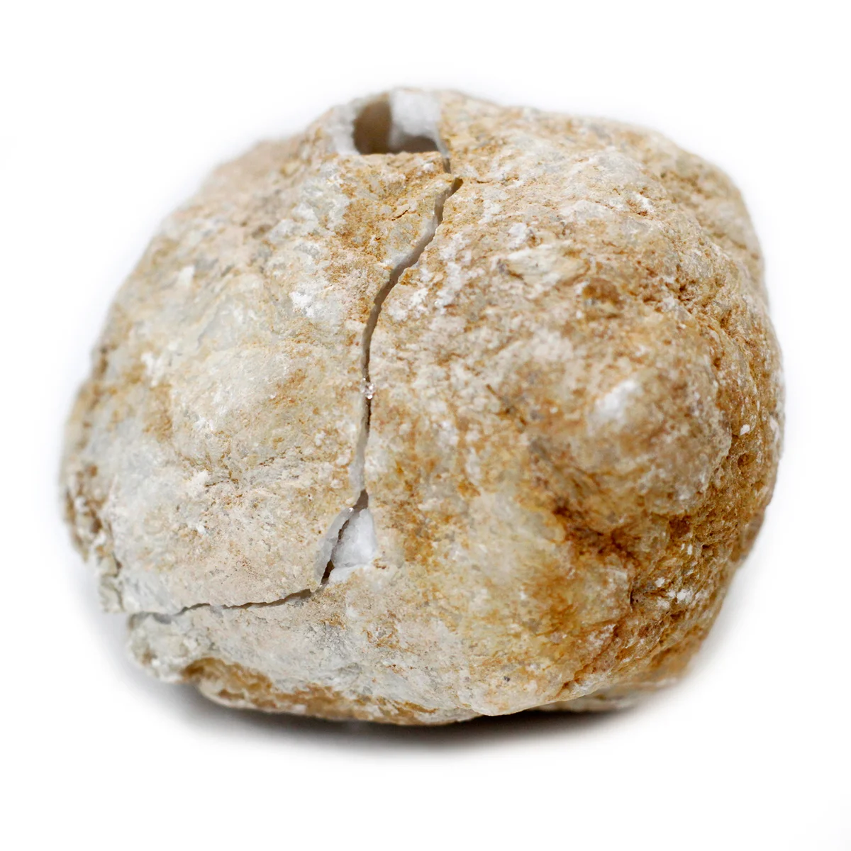 Calsite mineral geode ornament measuring 10-12 cm with crystalline interior and rough outer surface on white background