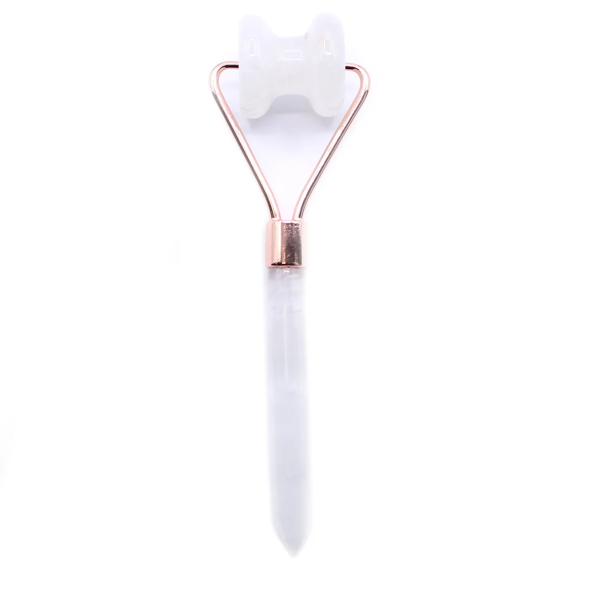 Facial massage tool featuring a Rock Quartz gemstone jawline roller on a white background
