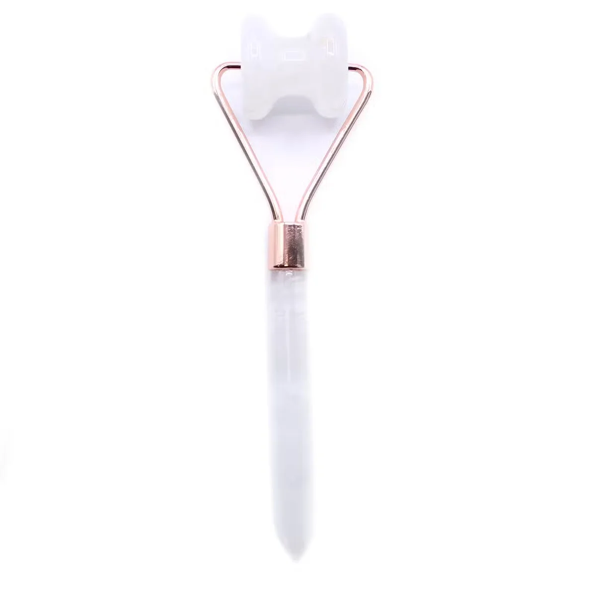 Rock Quartz gemstone jawline sculpting roller with smooth polished surface and ergonomic handle on white background