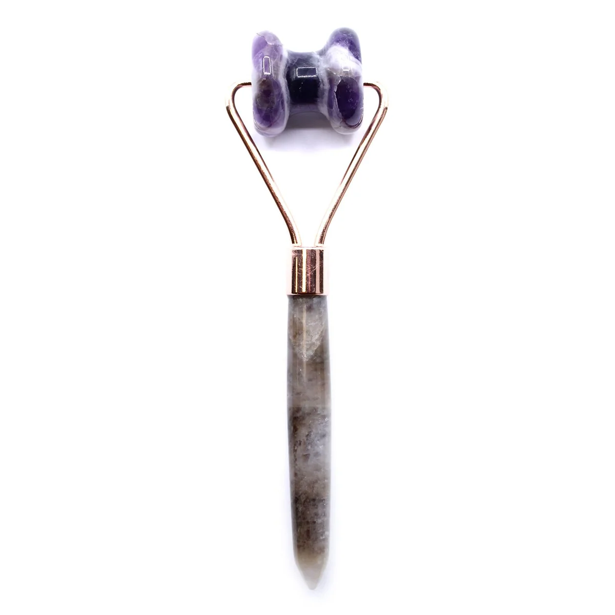 Amethyst jawline roller with smooth purple gemstone and wooden handle for facial massage and skincare routine