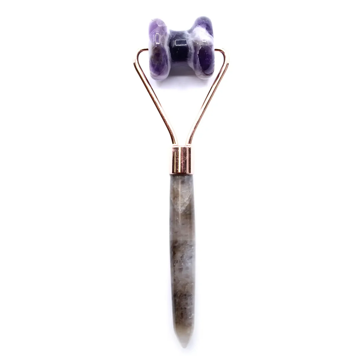 Gemstone face roller with purple amethyst stone designed for jawline massage and facial care