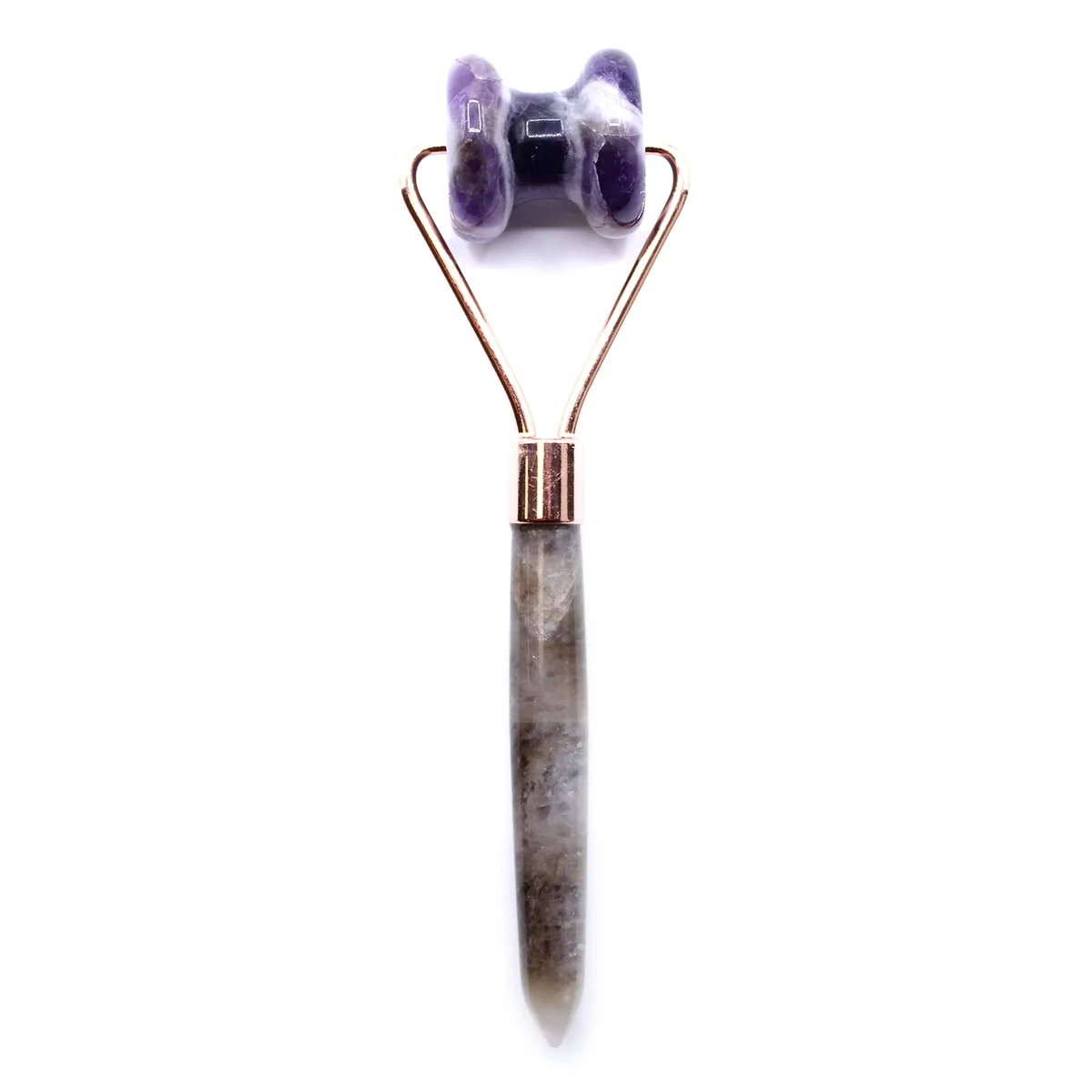 Amethyst gemstone jawline roller with purple stones, designed as a jawline massage tool for facial care