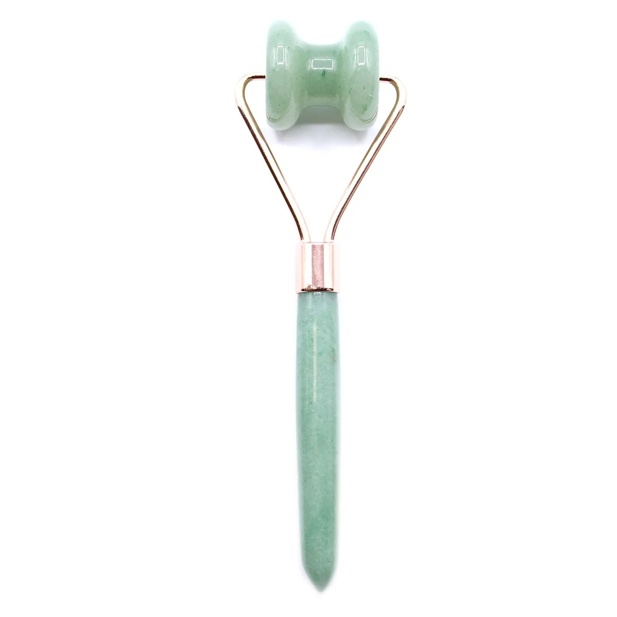 Green jade jawline roller with smooth gemstone handles for facial massage and skincare routine on white background