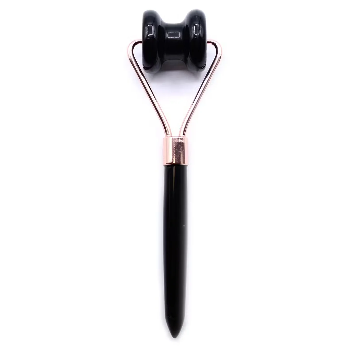 Black obsidian roller with smooth gemstone surface designed for jawline massage and facial contouring, shown on white background