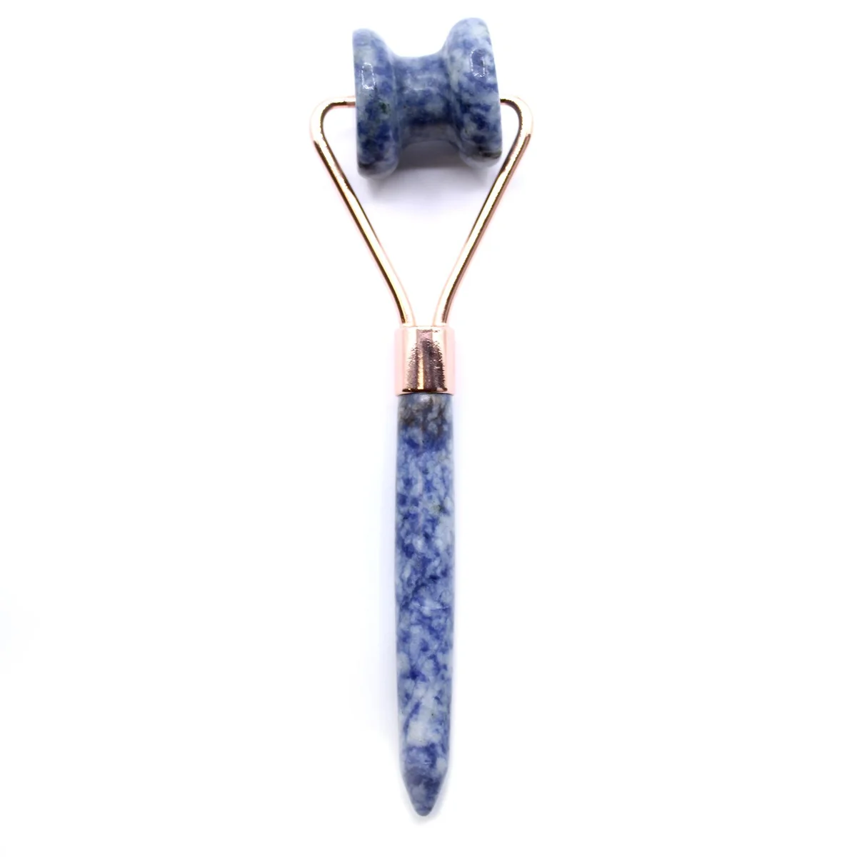 Sodalite jawline roller with smooth blue gemstone and ergonomic handle for facial massage and contouring.