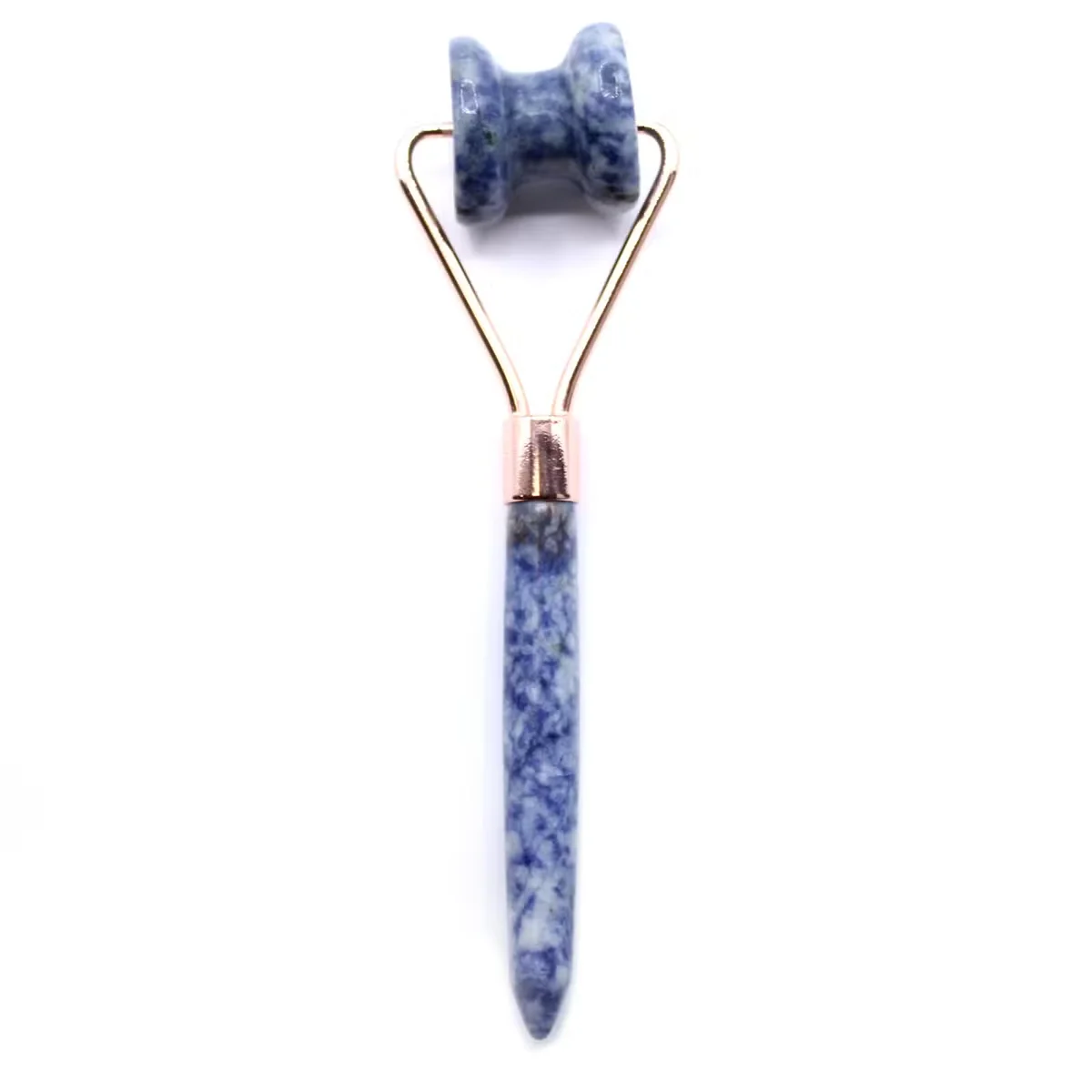 Sodalite beauty tool gemstone jawline roller with smooth blue stone and wooden handle on white background