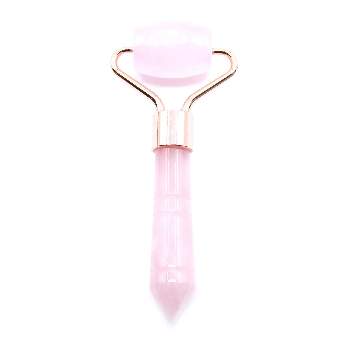 Rose quartz mini roller with smooth pink gemstone handle and roller head on a white background