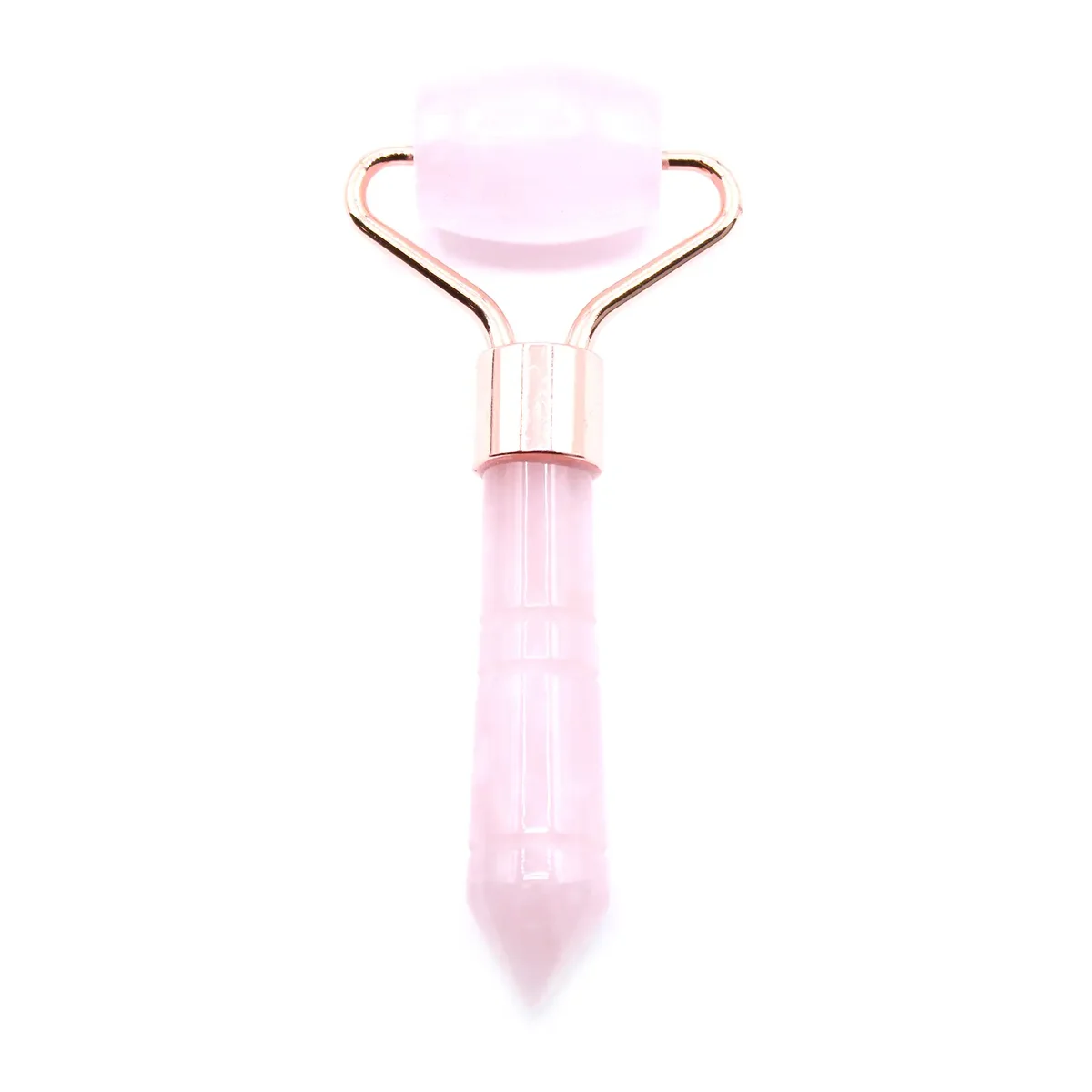 Rose quartz gemstone facial roller mini with smooth polished stone and handle on white background