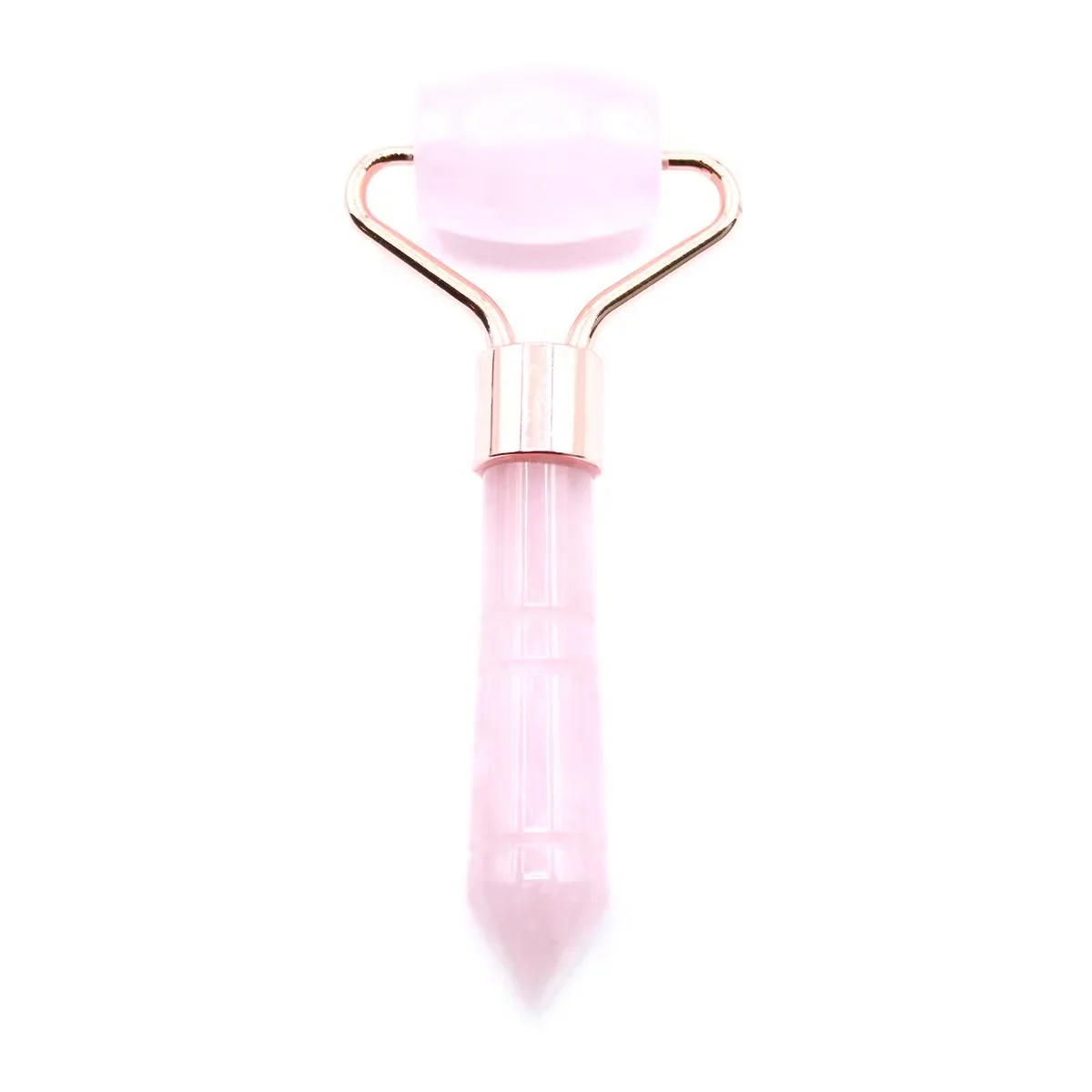 Rose quartz mini face roller with smooth stone heads and wooden handle on white background, position 3 view