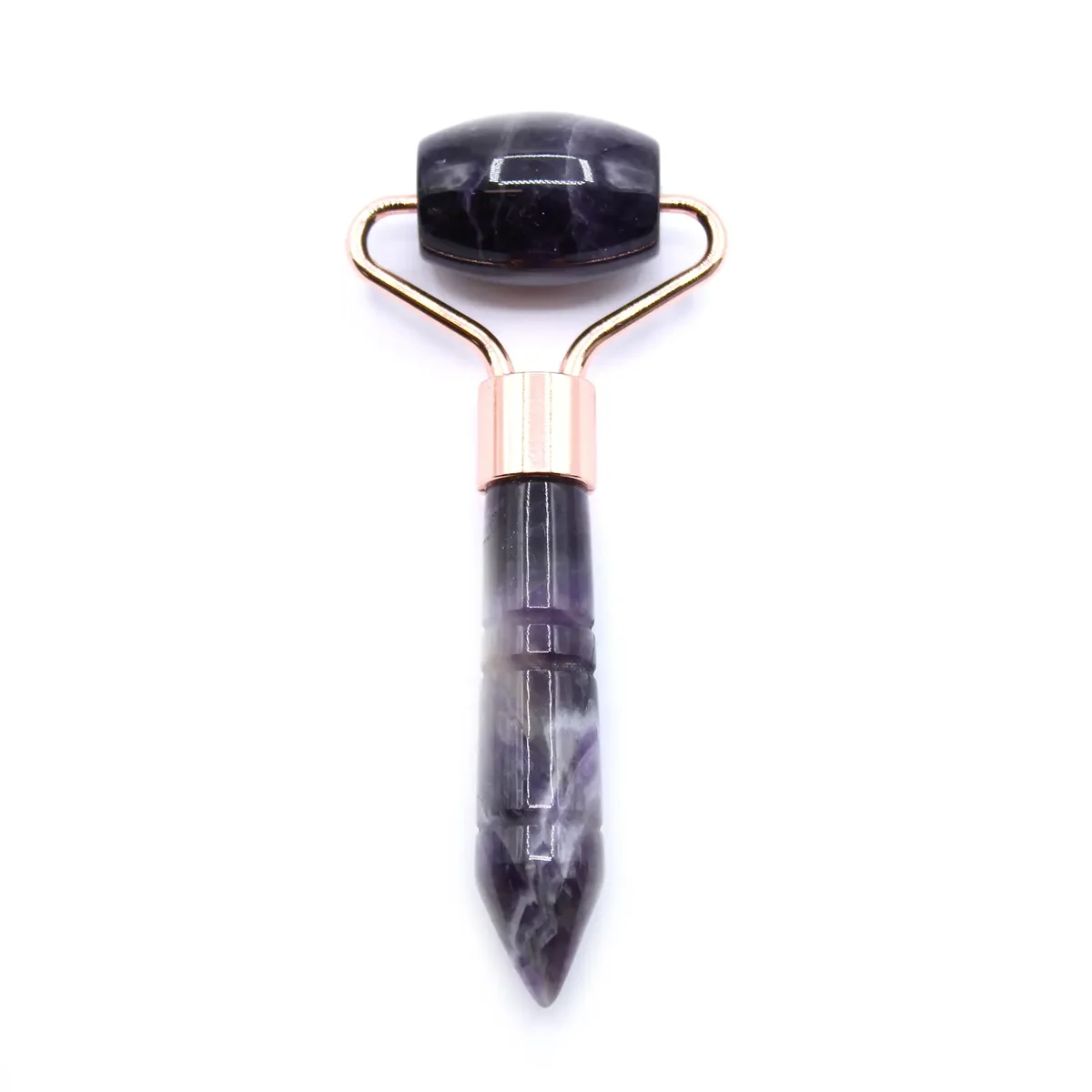 Mini gemstone roller with amethyst stone and wooden handle for facial massage and skincare use