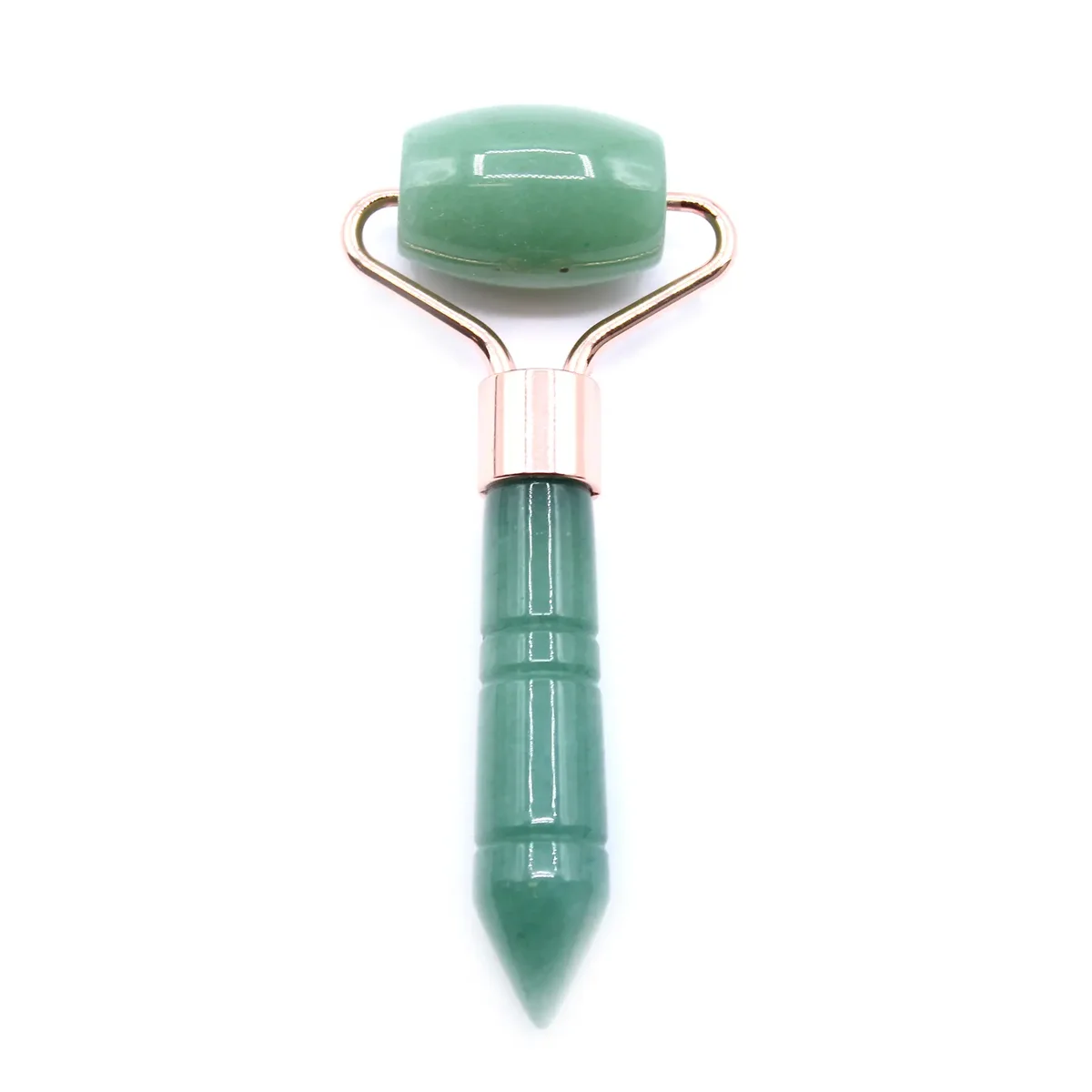 Mini jade roller with smooth green jade stones and wooden handle for facial massage and skincare routines