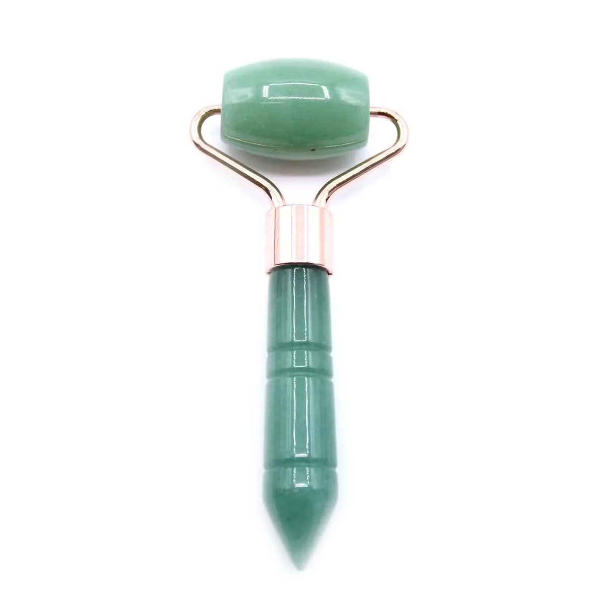 Close-up of a jade skincare roller with smooth green gemstone surface and wooden handle on white background