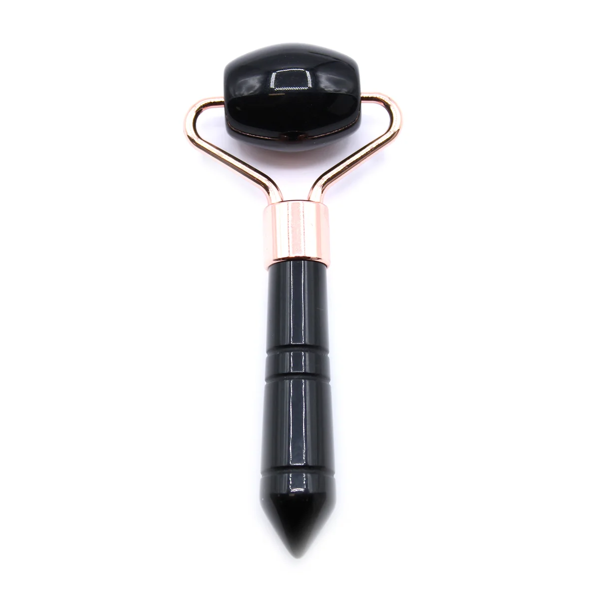 Black obsidian face roller with smooth gemstone surface and ergonomic handle for facial massage and skincare benefits