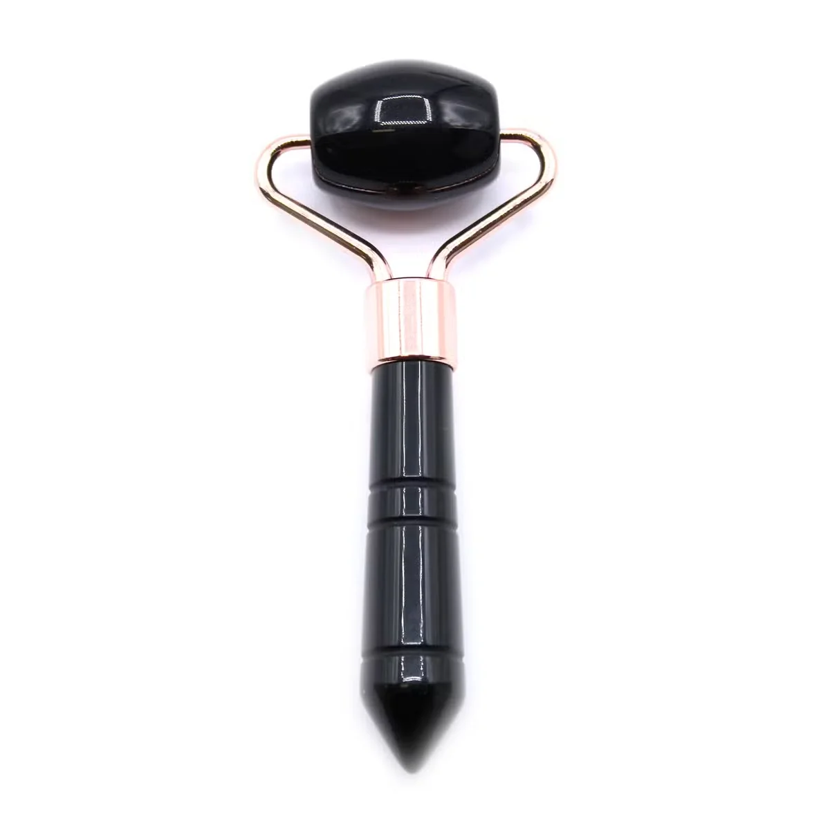 Black obsidian gemstone mini facial massage roller with smooth polished surface and ergonomic handle on white background