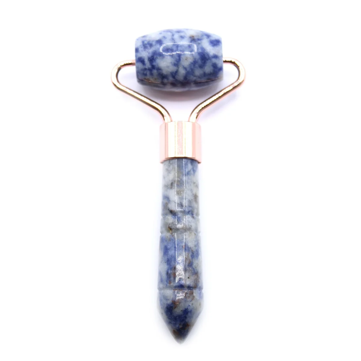 Sodalite mini roller with polished blue gemstone and silver metal handle on white background