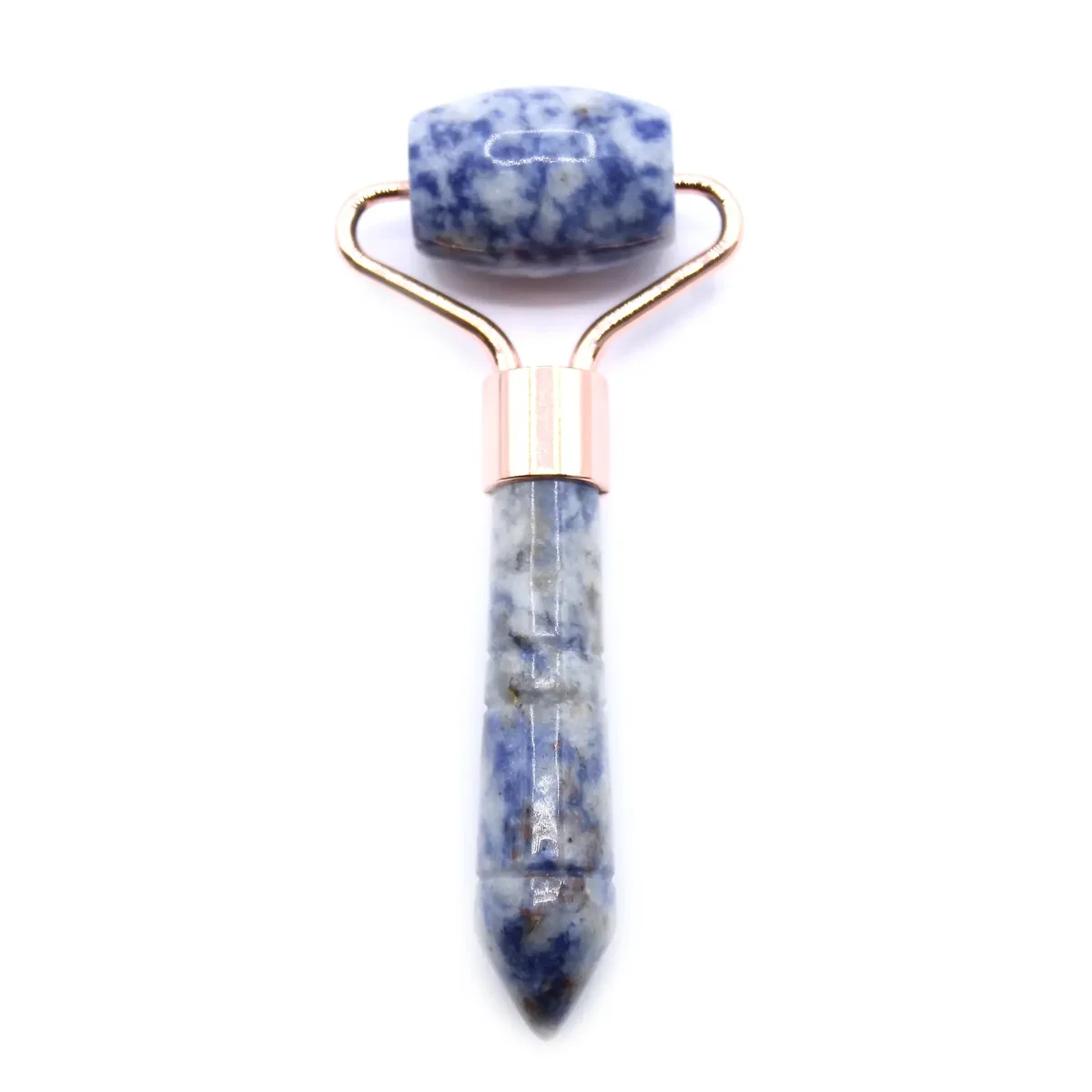 Gemstone face roller made from blue sodalite with a wooden handle, compact mini size for facial massage and skincare.