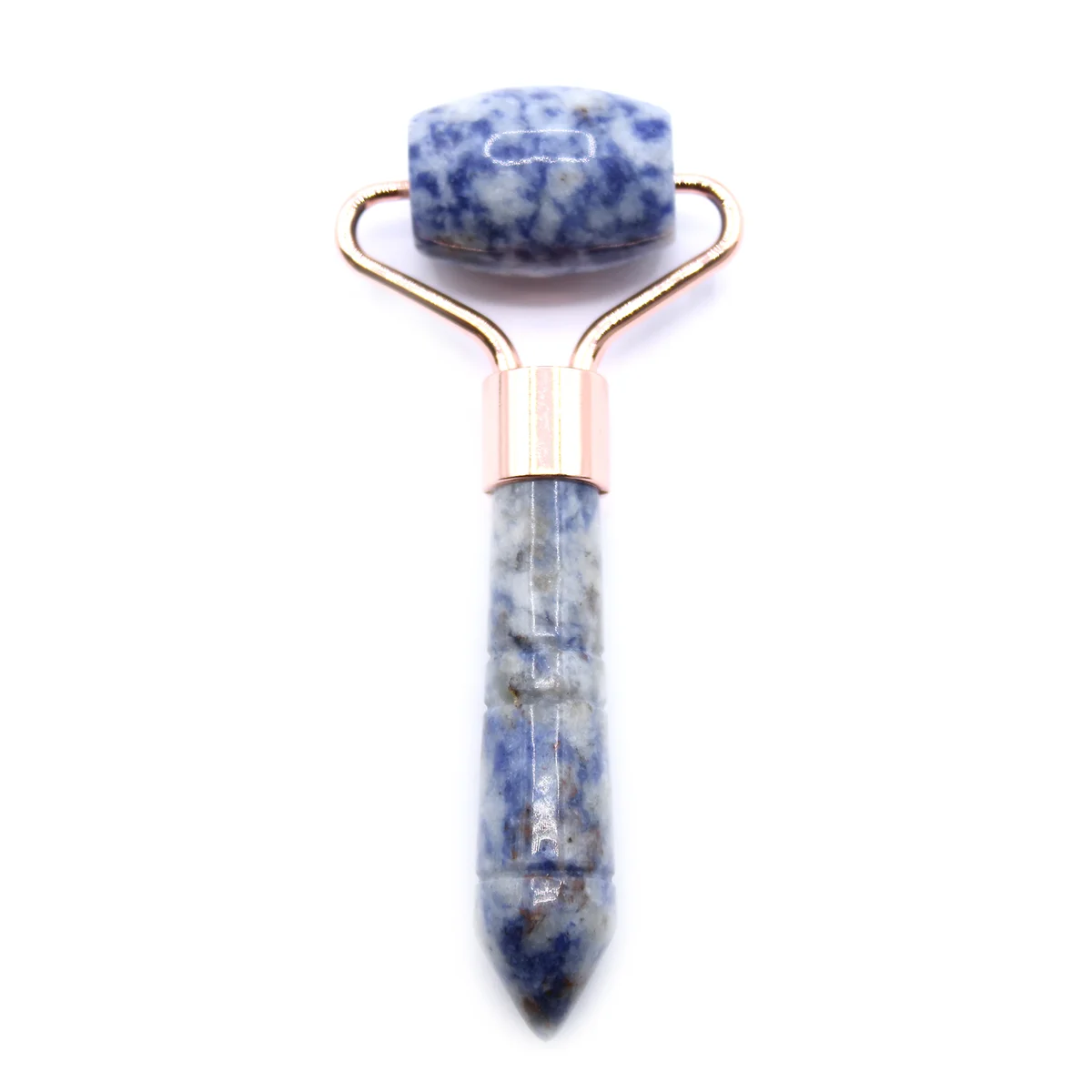 Sodalite gemstone mini roller for skin with blue and white marbled stone and silver handle on white background