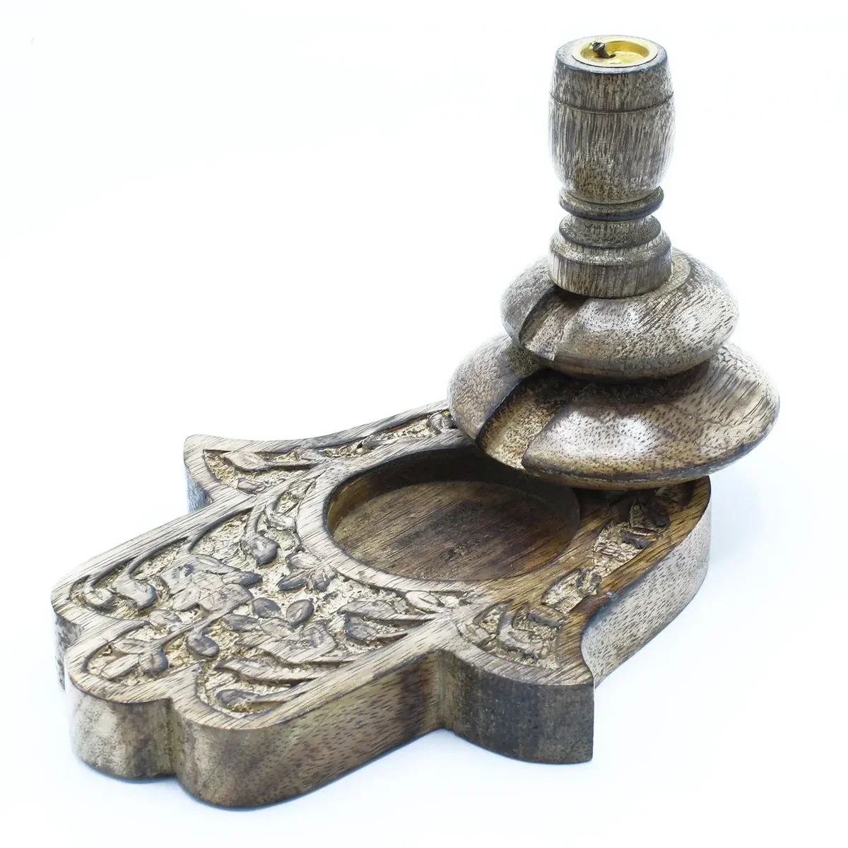 Medium mango wood hamsa incense burner with detailed carving and backflow design on a white background
