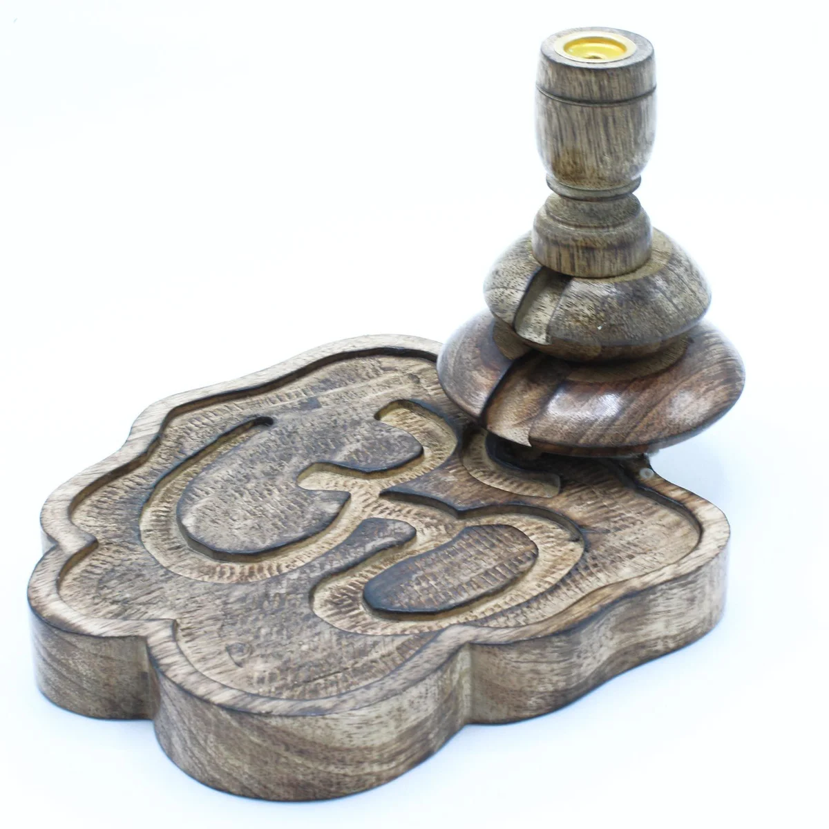 Medium mango wood backflow burner with Ohm symbol carved on the front, designed for incense cones