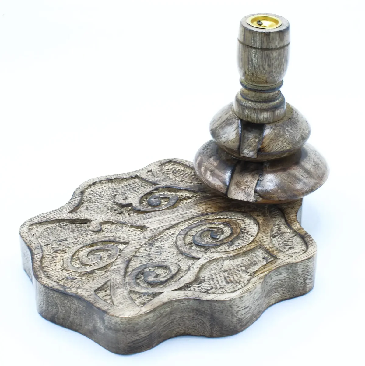 Medium mango wood tree of life burner with detailed carved design for backflow incense cones