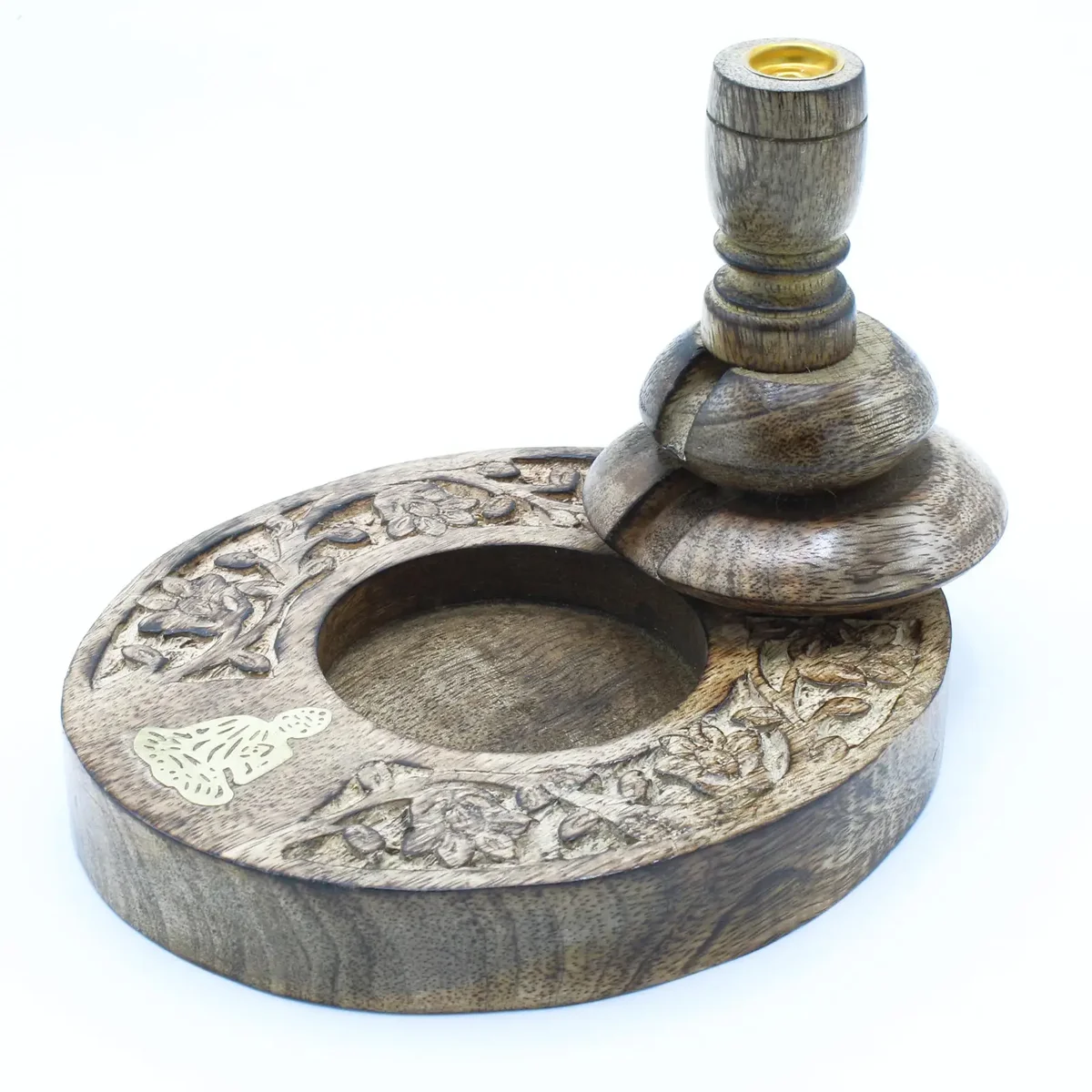 Brass Buddha mango wood burner with backflow design on a wooden base for incense burning