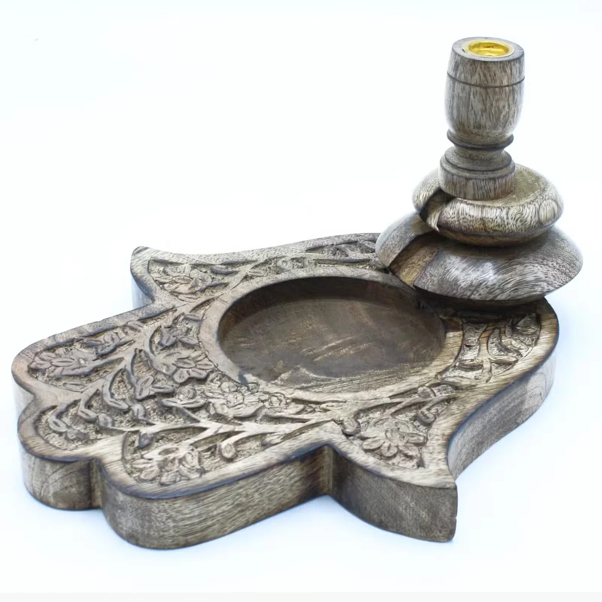 Large mango wood wooden incense burner with Hamsa design for backflow incense cones on a white background