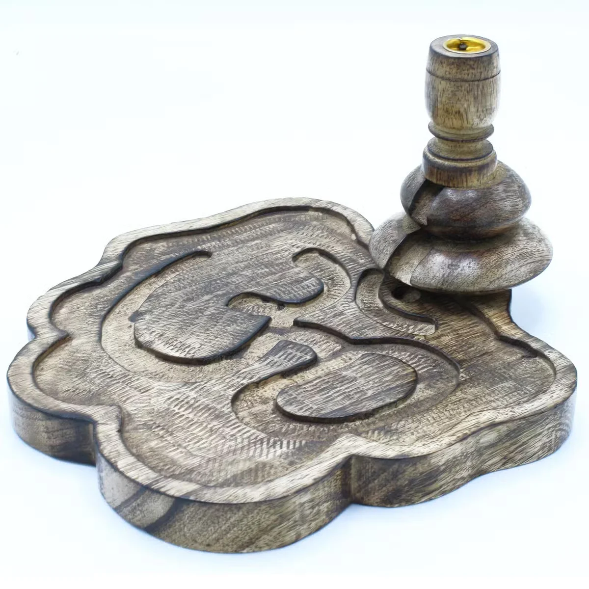Large mango wood backflow burner with Ohm design, wooden incense holder for calming aroma diffusion