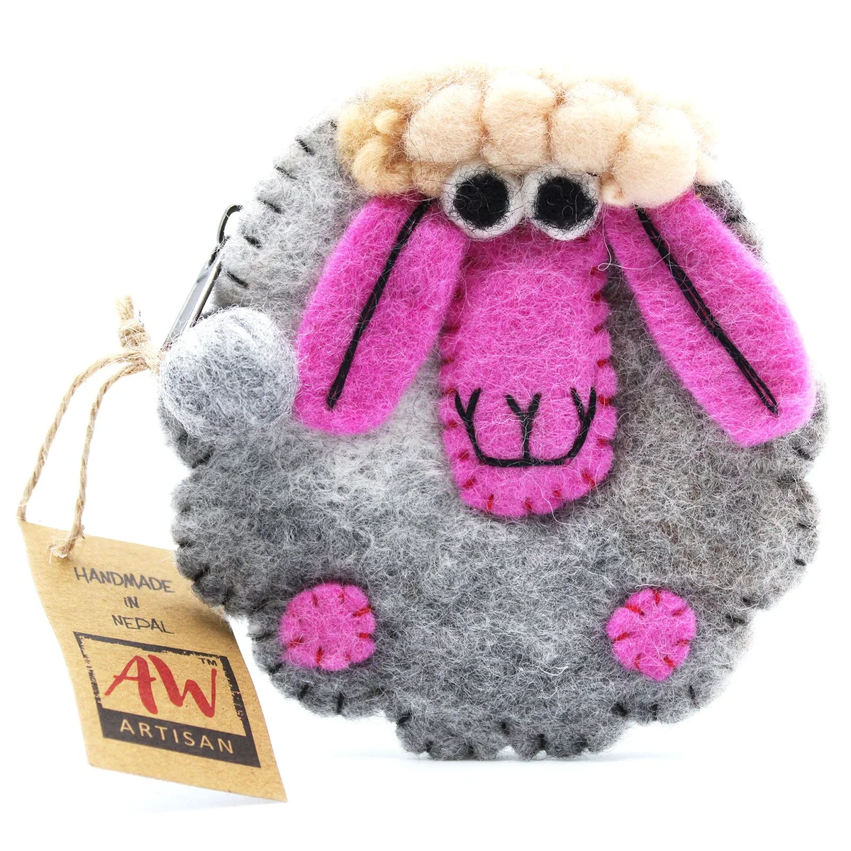 Natural felt zipper pouch with a happy sheep design, made from soft natural felt material.