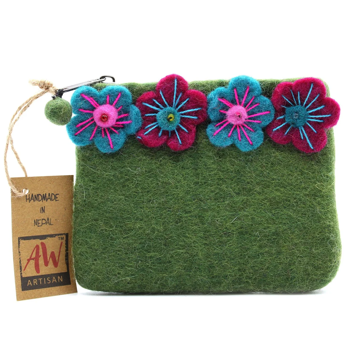 Natural felt zipper pouch with four different flower designs in assorted colors on a plain background