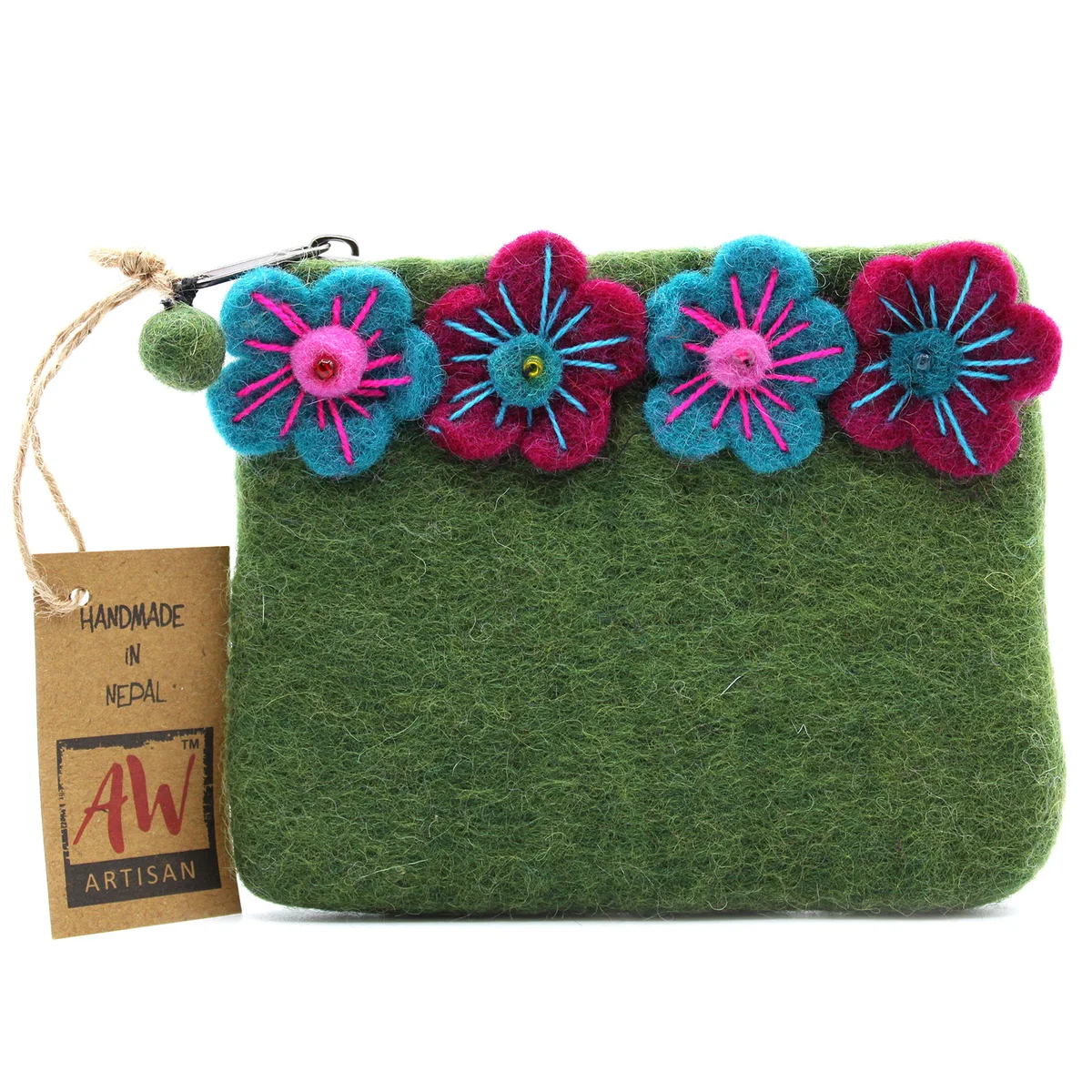 Four natural felt pouches with zipper, each featuring a different flower design, arranged side by side