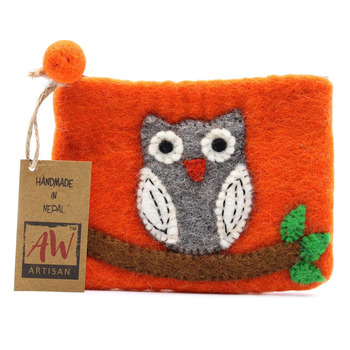 Natural felt zipper pouch with a cartoon owl perched on a branch, showcasing a colourful, handcrafted design.
