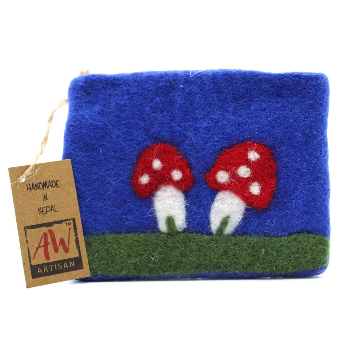 A natural felt bag with a zipper, featuring a subtle mushroom motif on its front.