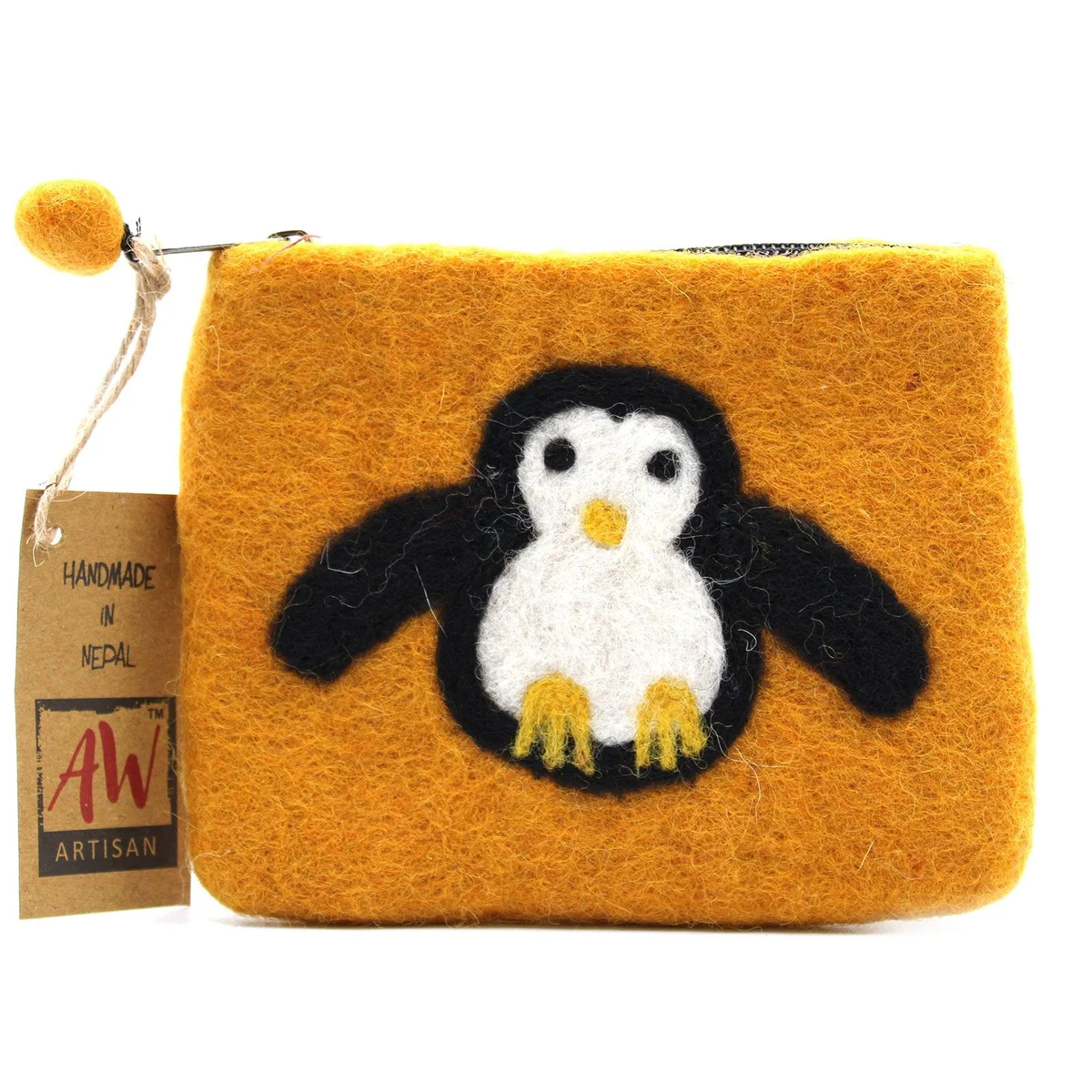 Natural felt pouch with a cute penguin graphic.