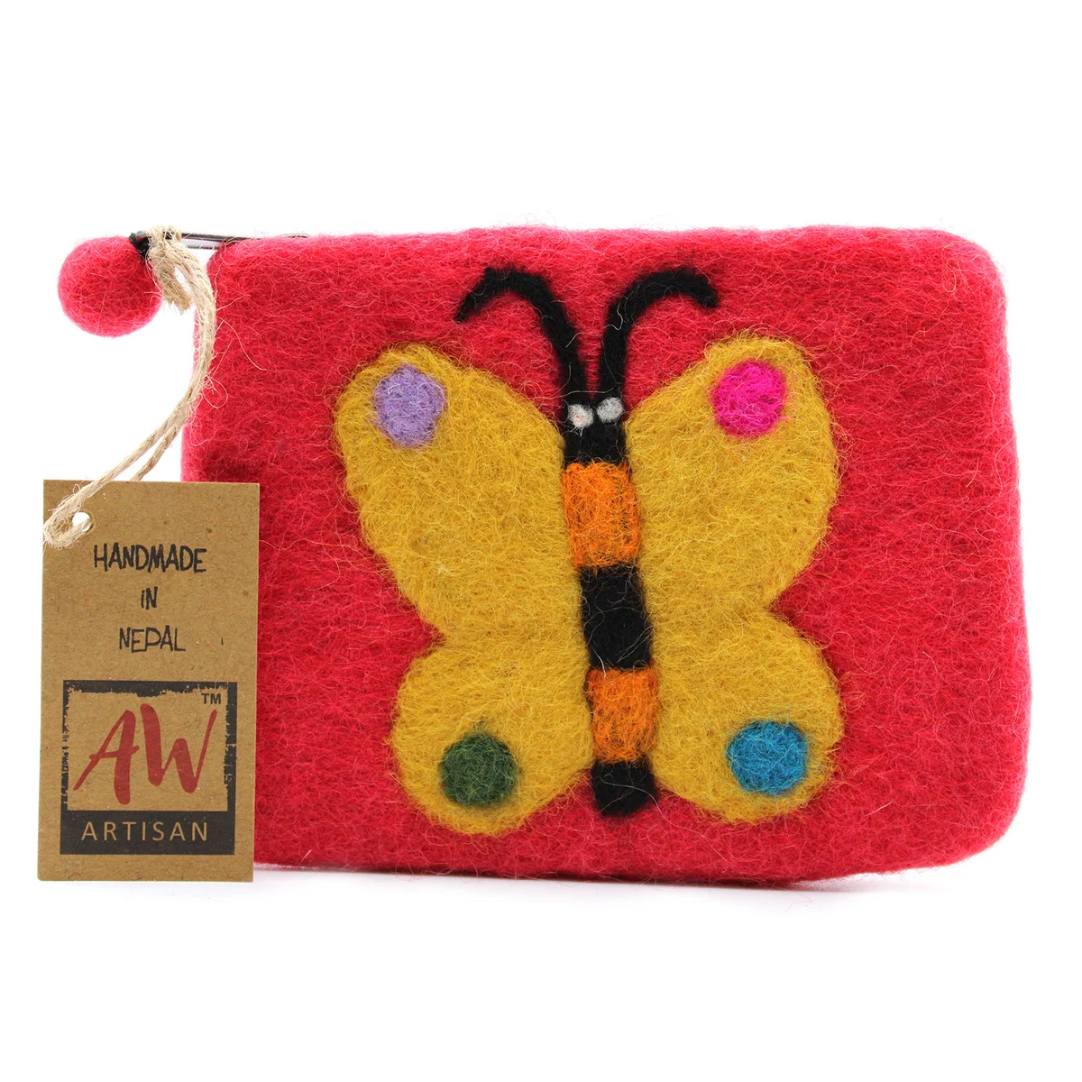 Natural felt zipper pouch featuring a large butterfly design, called big butterfly pouch