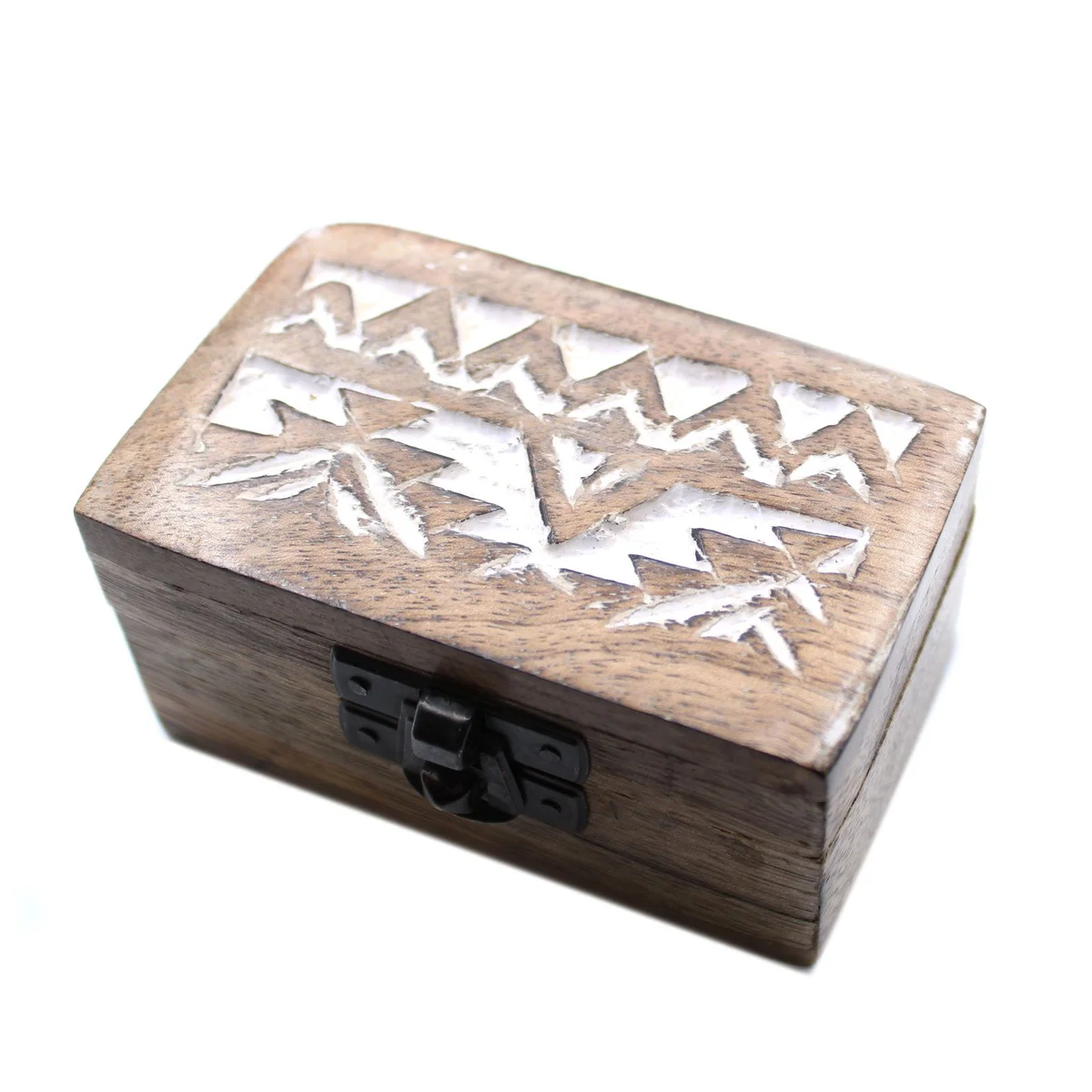 White washed wooden pill box with traditional Slavic pattern, open top, wooden handle, small storage