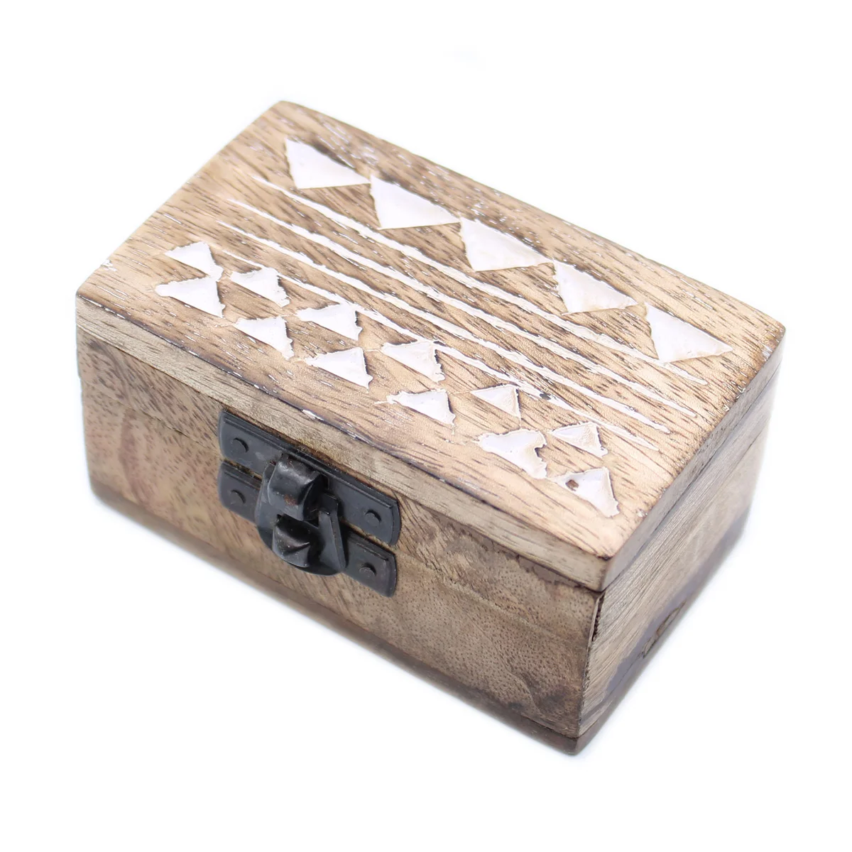 White washed wooden storage box with Aztec pattern on the lid and sides, pill‑shaped design.