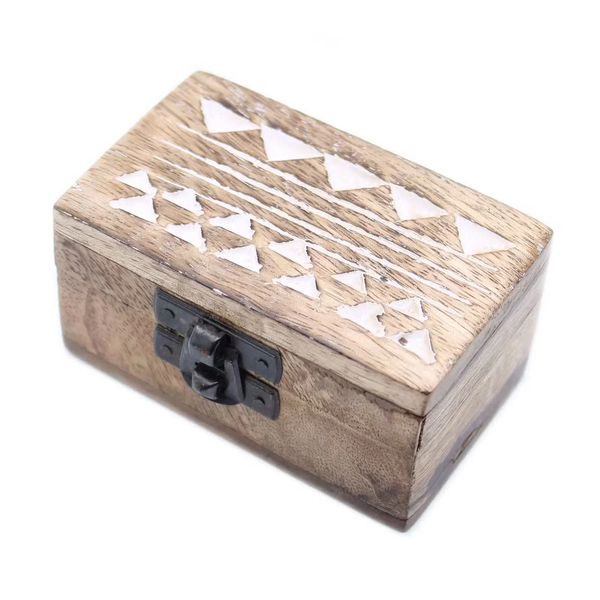 White wooden box with Aztec design, pill box style.