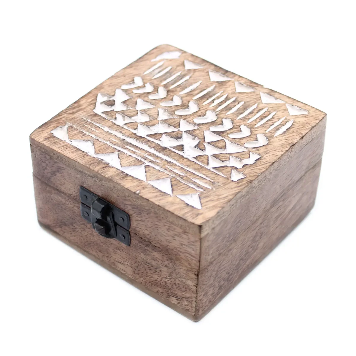 White washed aztec wooden box with 4x4 design pattern.