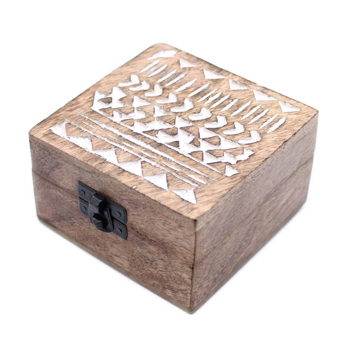 4x4 wooden box with white washed wooden surface and Aztec pattern design