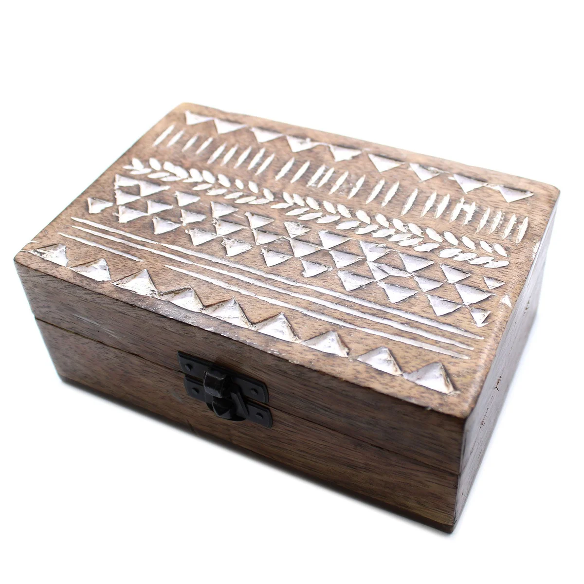 White washed wooden box featuring an Aztec geometric design.