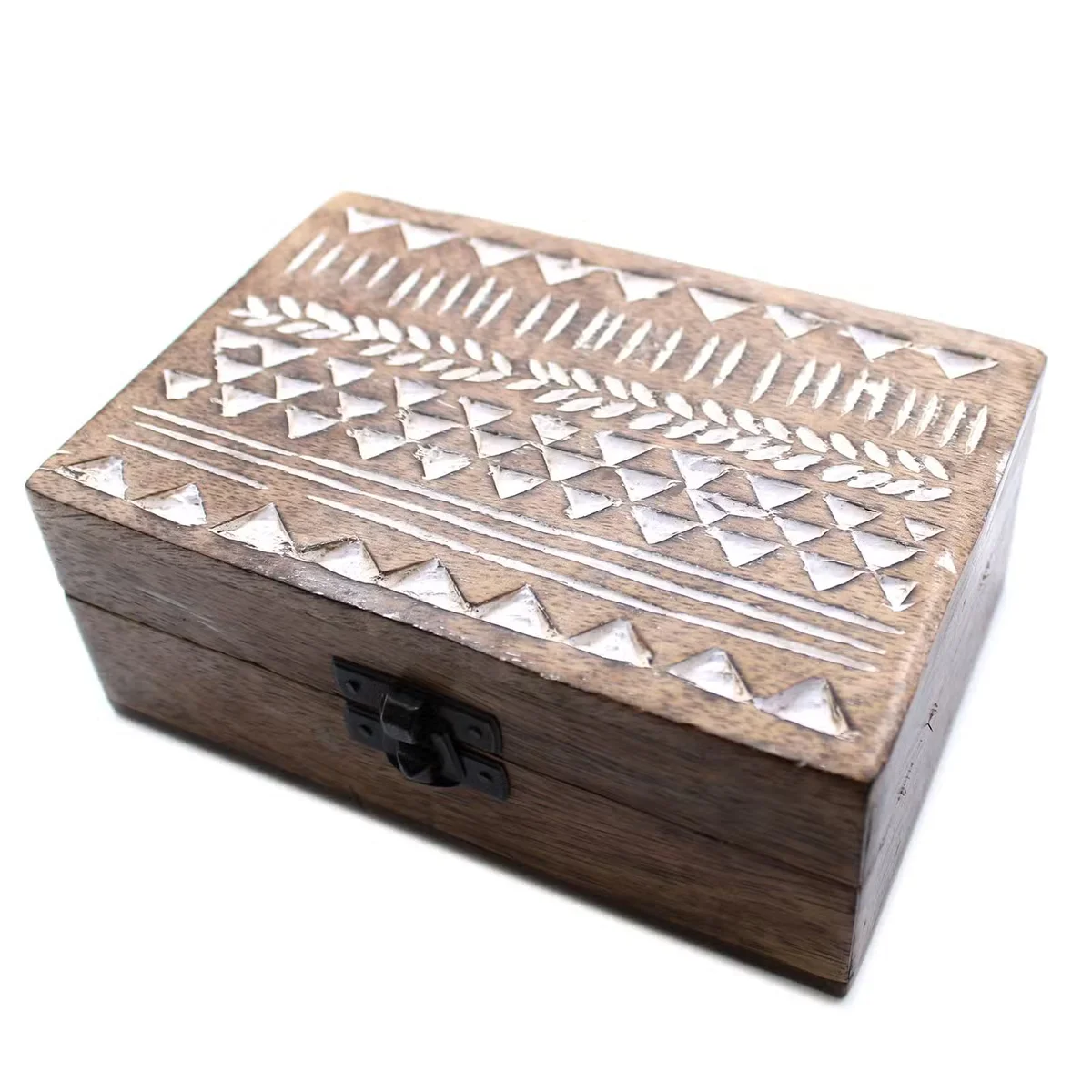 White wooden box with washed surface, featuring a 6x4 Aztec design pattern.