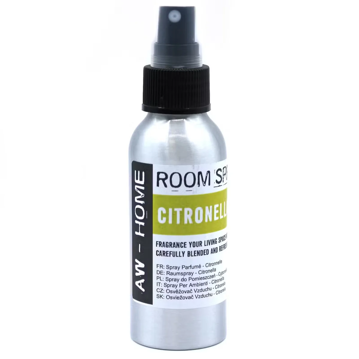 100ml citronella indoor room spray bottle with spray nozzle on a white background