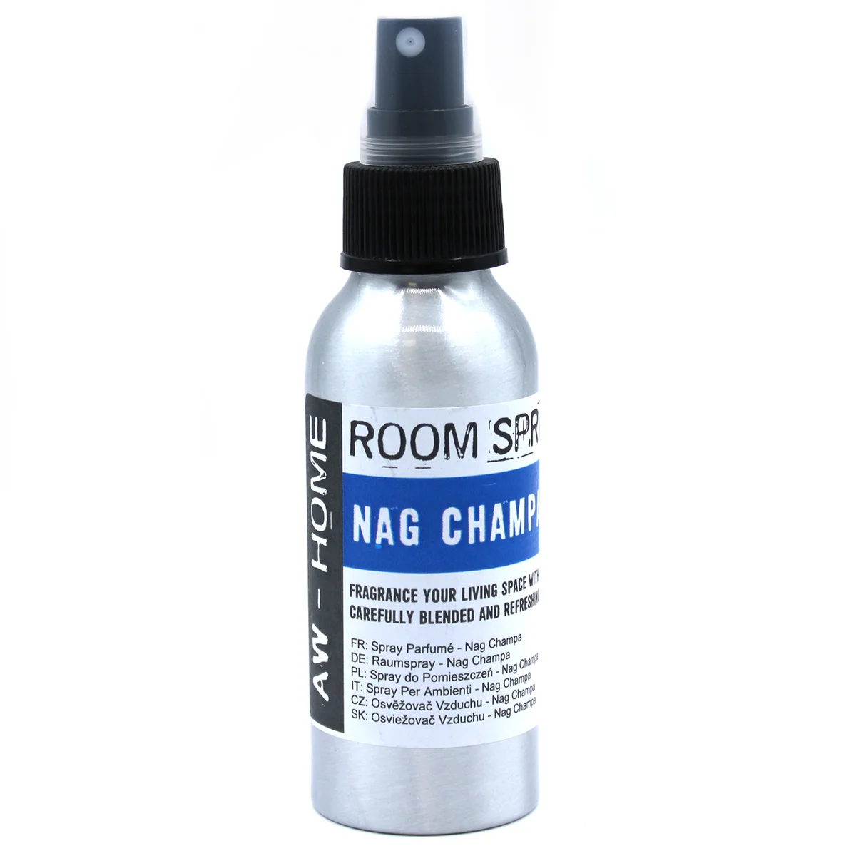 100ml clear glass room spray bottle with Nag Champa fragrance label and spray nozzle against white background