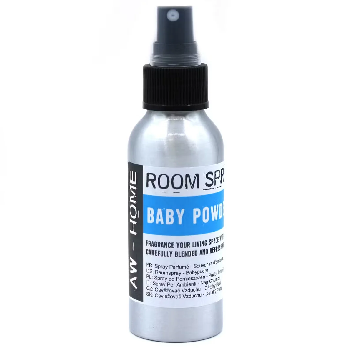 100ml bottle of Baby Powder home fragrance spray with spray nozzle on a white background