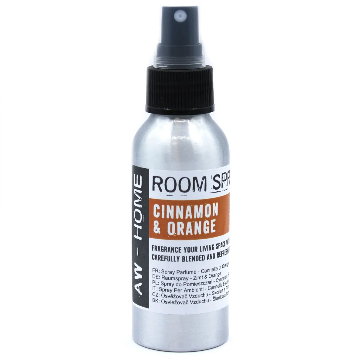 100ml cinnamon orange room spray bottle with label showing cinnamon and orange design on white background