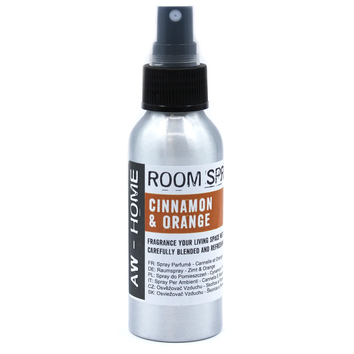 100ml bottle of cinnamon scented spray with orange and cinnamon design on label against white background