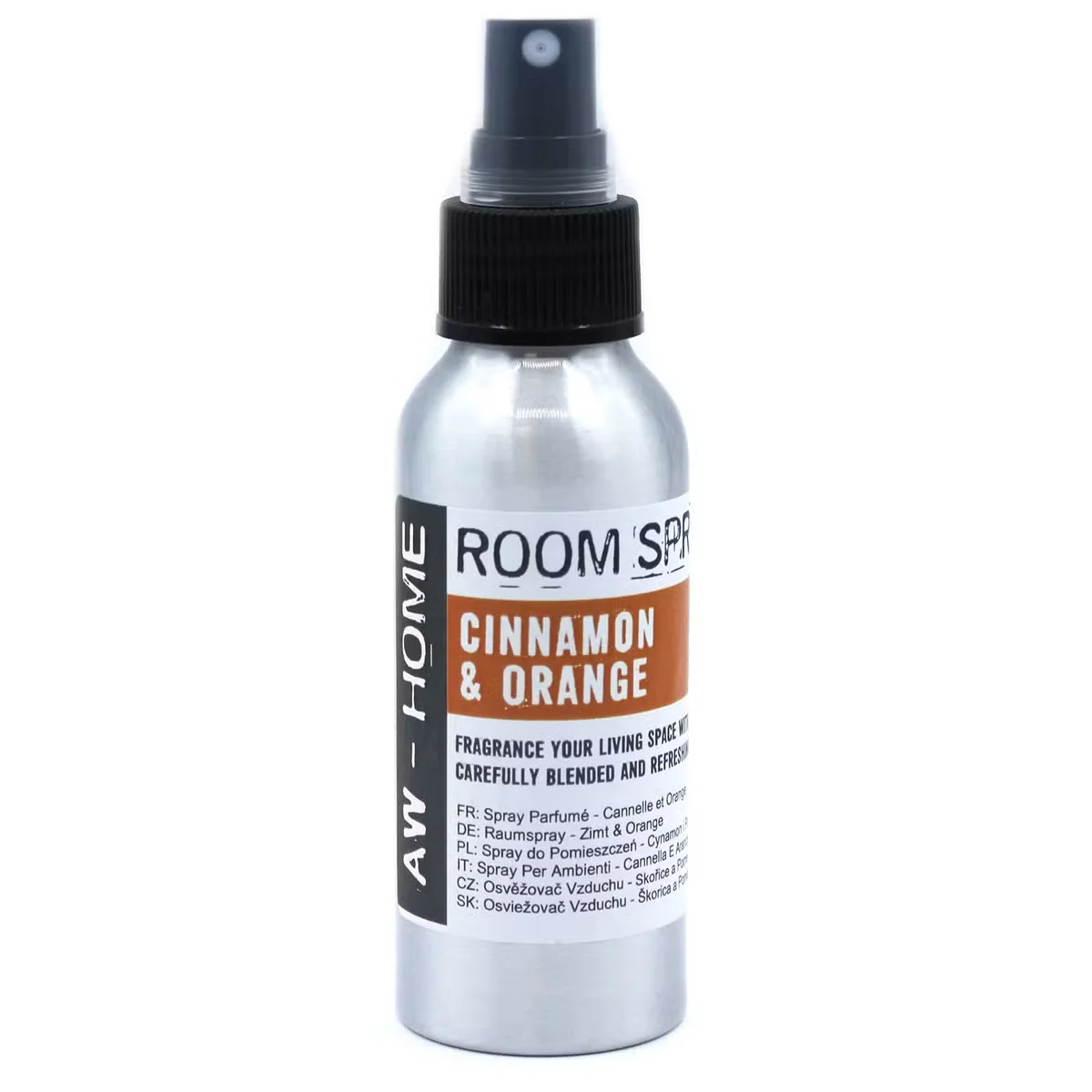 100ml bottle of cinnamon and orange fragrance spray with orange and cinnamon stick accents on a white background